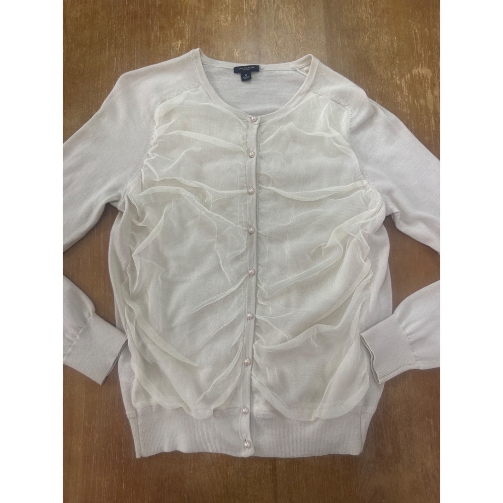 Ann Taylor Merino Wool Blend Tulle Ruffle Pearl Button Cardigan Cream Ivory M